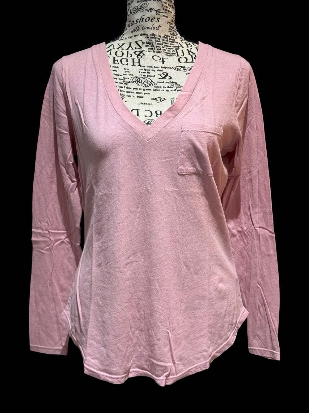 Chaser Pink V-Neck Long Sleeve Tee NWT Size Small 100% Cotton Pocket T-Shirt